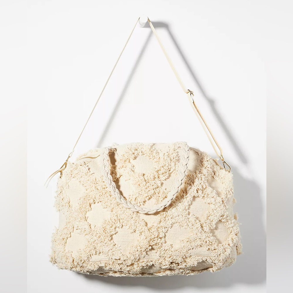 Anthropologie Trellis Weekender Tote Fringe Cream Large Boho Bag - Picture 2 of 12